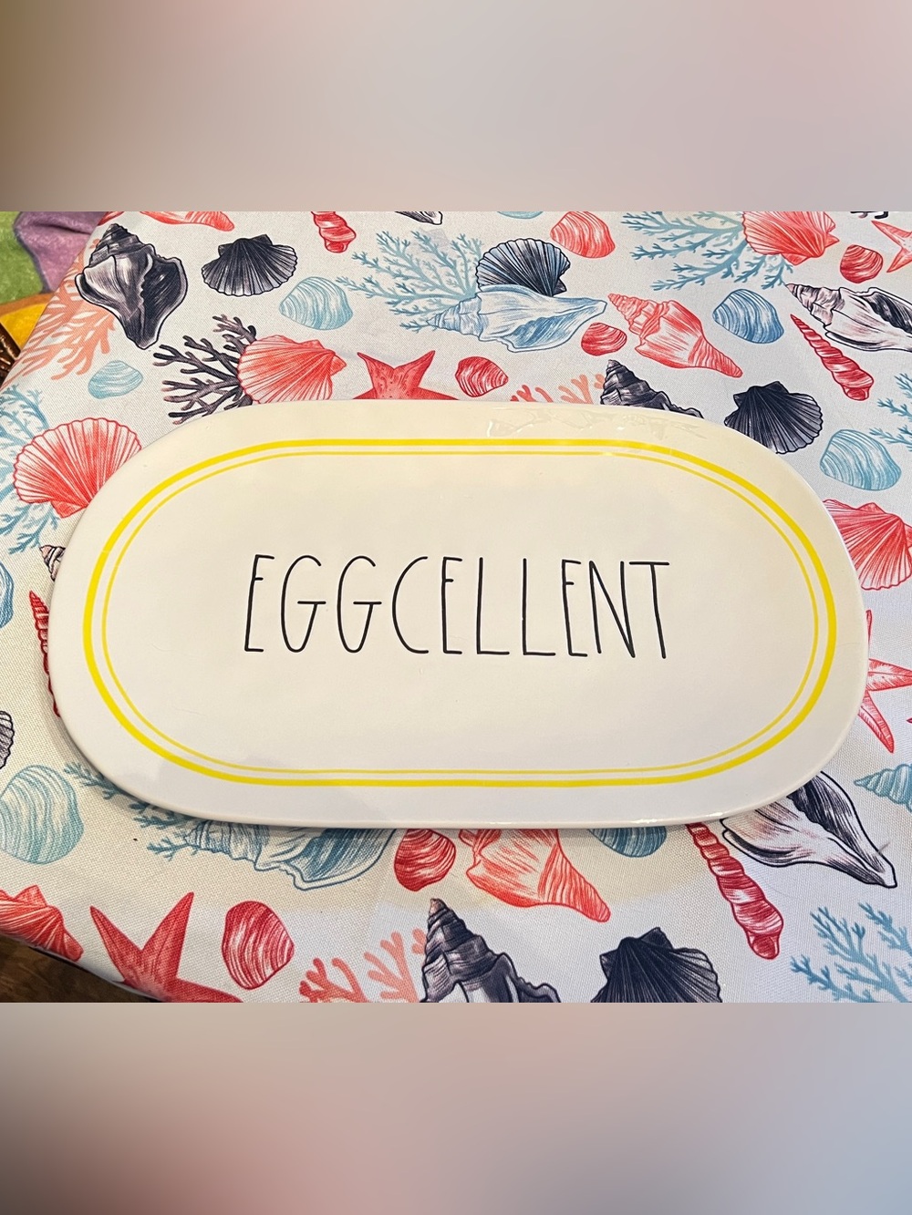 Rae Dunn Playful 'EGGCELLENT' Oval Serving Platter with Yellow Trim
